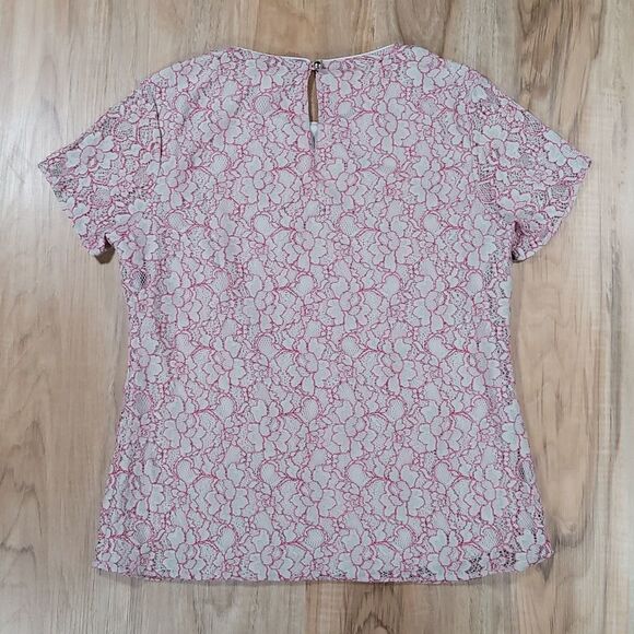 🔹️Banana Republic Gray & Pink Floral Lace Overlay Sheer Short Sleeved Top Small - Picture 2 of 10
